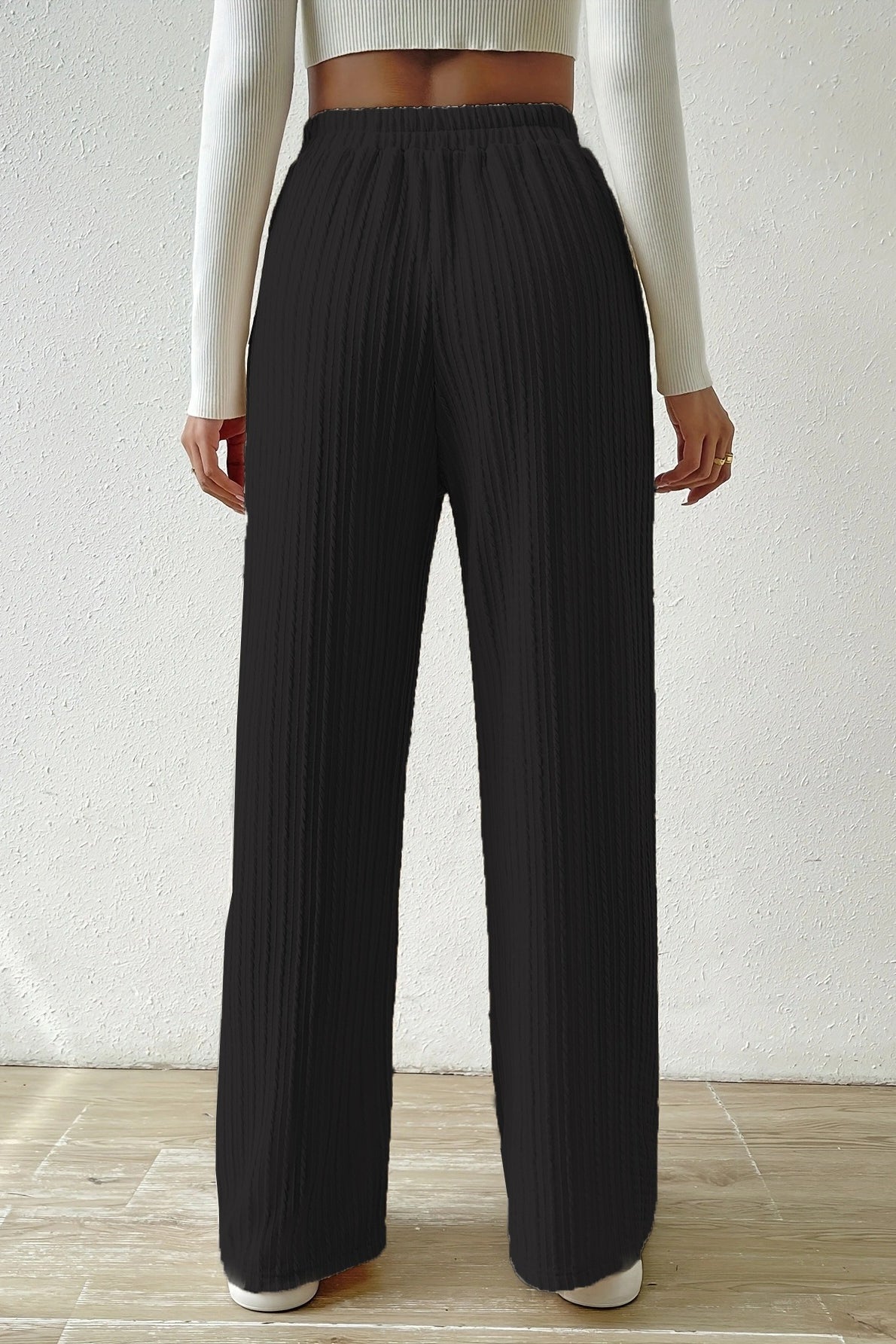 Elastic High Waist Drawstring Cable Textured Knit Wide Leg Pants 6
