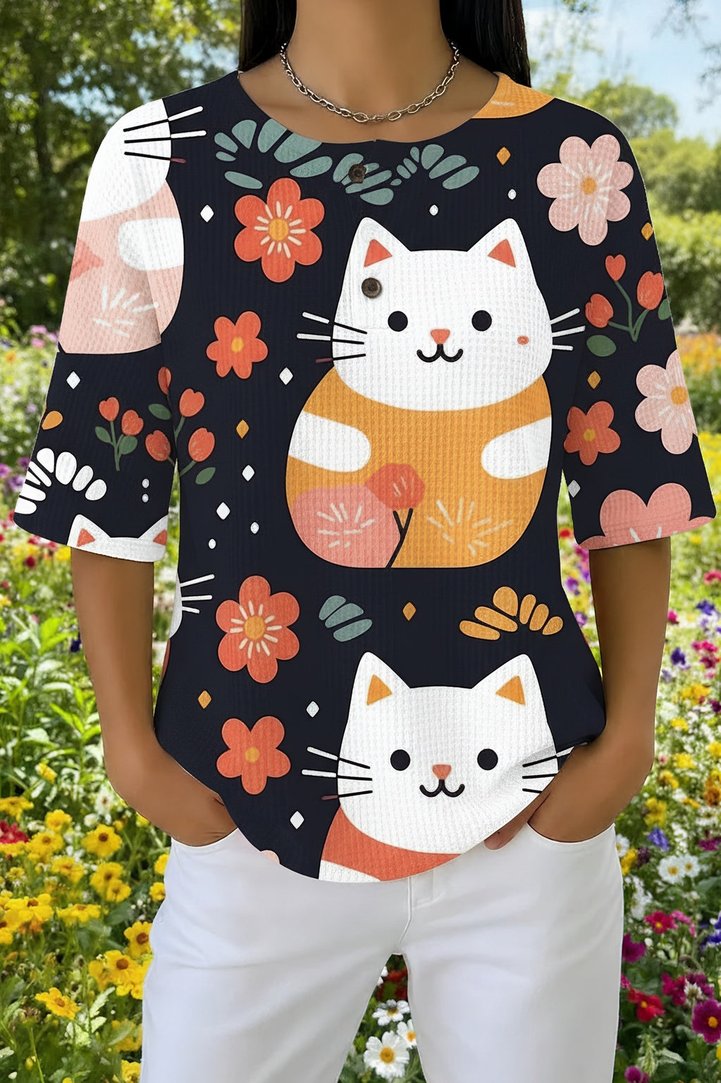 Womens Black Halloween Cat Print Casual Shirt