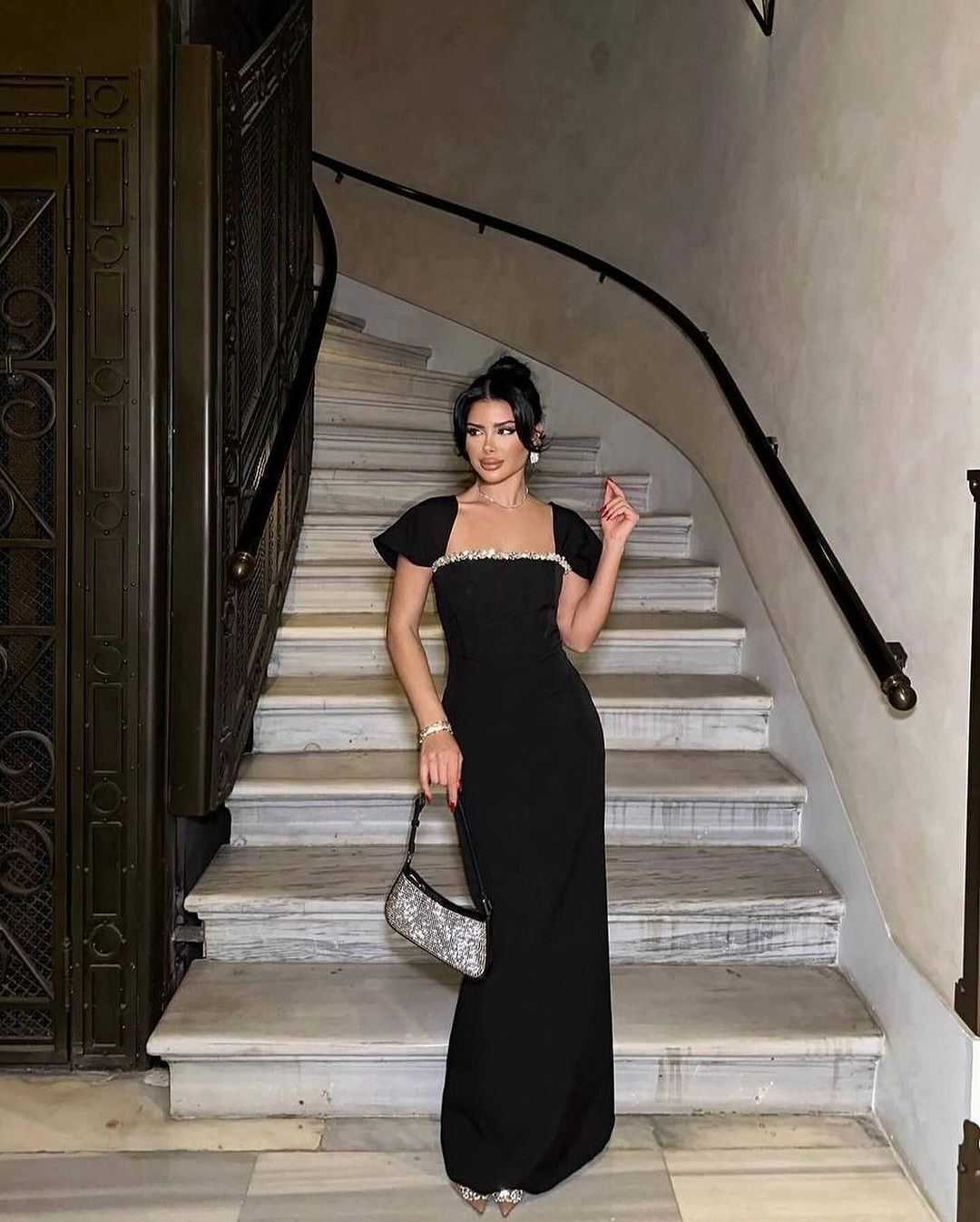 Rhinestone Trim Square Neck Cap Sleeve Bodycon Maxi Gown 8