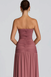 Solid Strapless High Slit Ruched Bodycon Party Dress