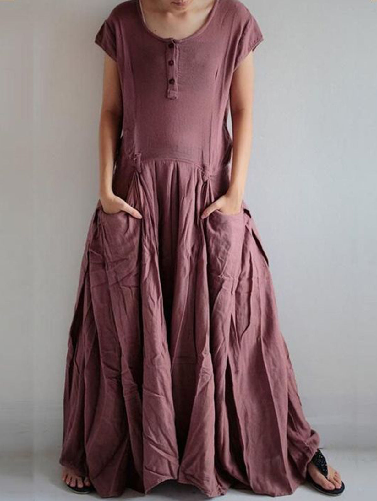Button Front Cap Sleeve Pleated Pocket Maxi Dress