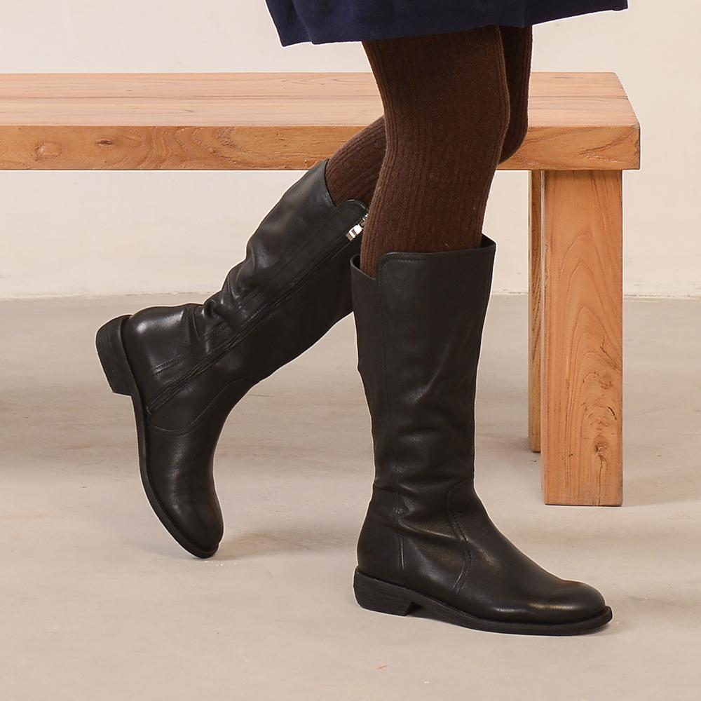 Wide Fit Handmade Soft��Leather Knee High Boots Side Zip Riding Boots Black Short Plush