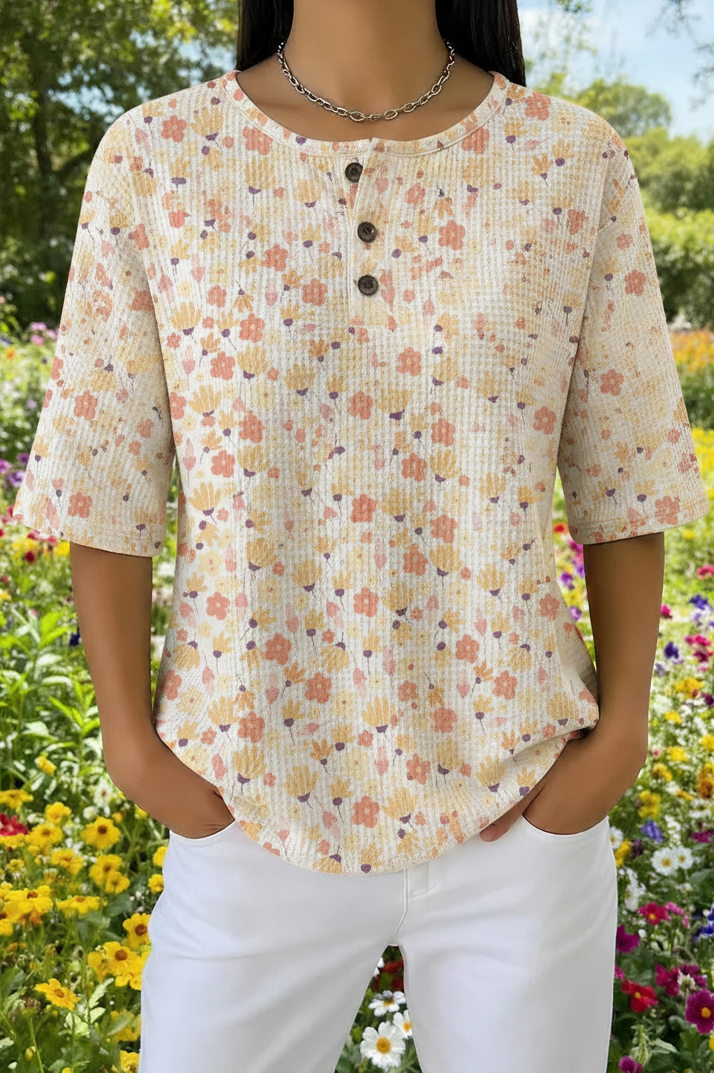 Womens Beige Dotted Floral Print Casual Henley Shirt