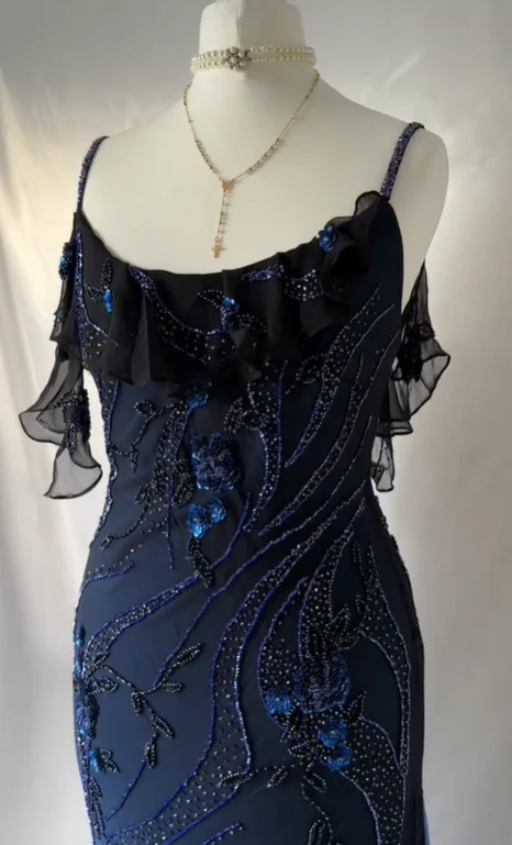 Charmong Navy Blue Chiffon Beaded Long Prom Dress Formal Party Dress  cc1416