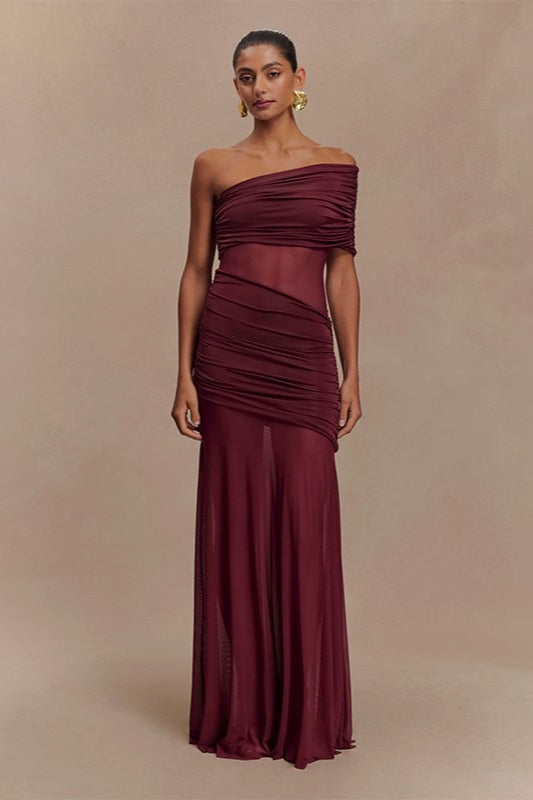 One Shoulder Ruched Mesh Panel Gown