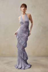 Elegant Solid V Neck Halter Backless Fitted Ruched Party Dress