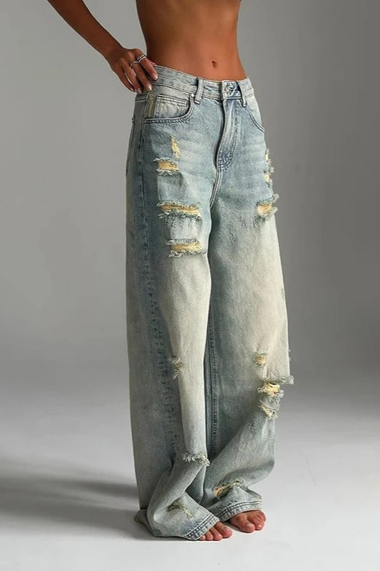 High Waist Ripped Straight Leg Jeans