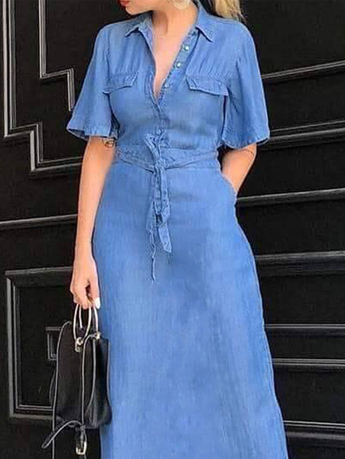 Denim Collar Button Front Flap Pocket Tie Waist Maxi Dress