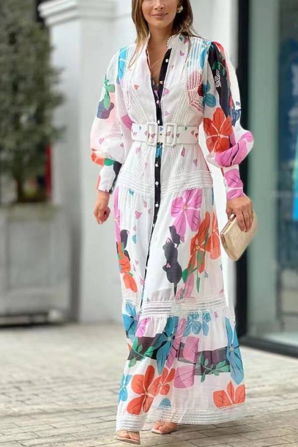 Floral Print Lantern Sleeve Belted Button Front Lace Trim Maxi Dress
