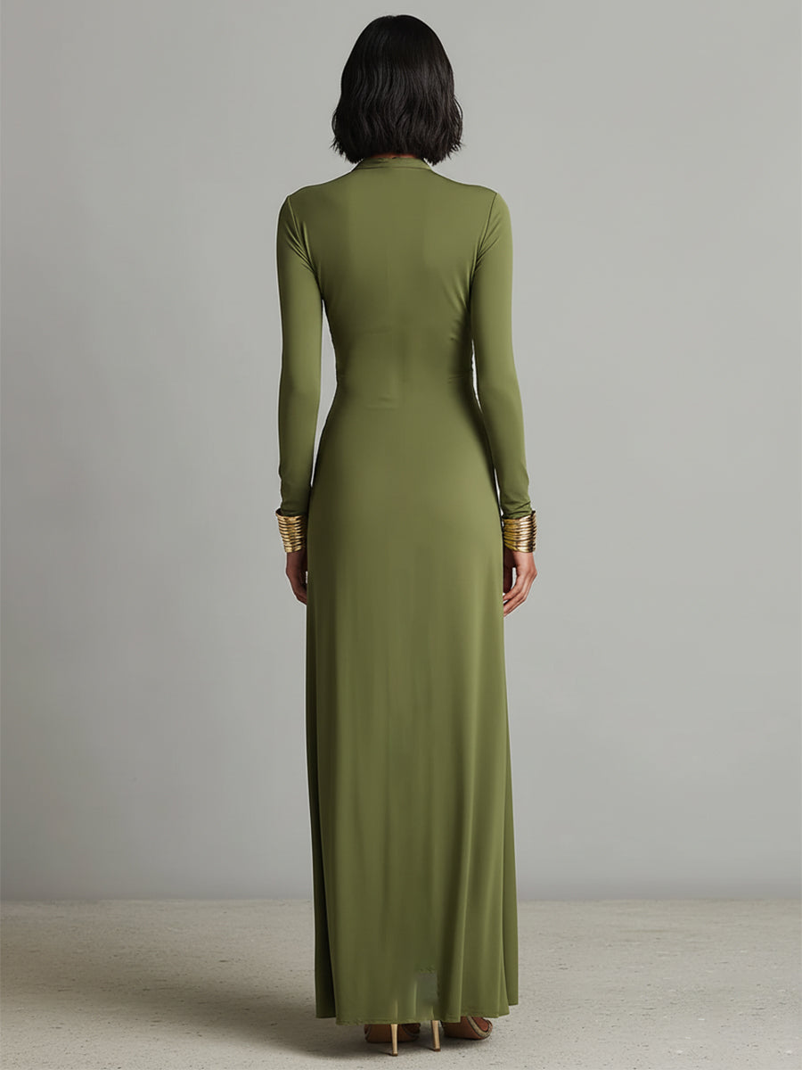 Deep V-Neck Long Sleeve Ruched Draped Maxi Dress Formal