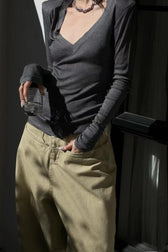 Slim Fit Low Cut Long V Neck Ribbed Long Sleeve Top