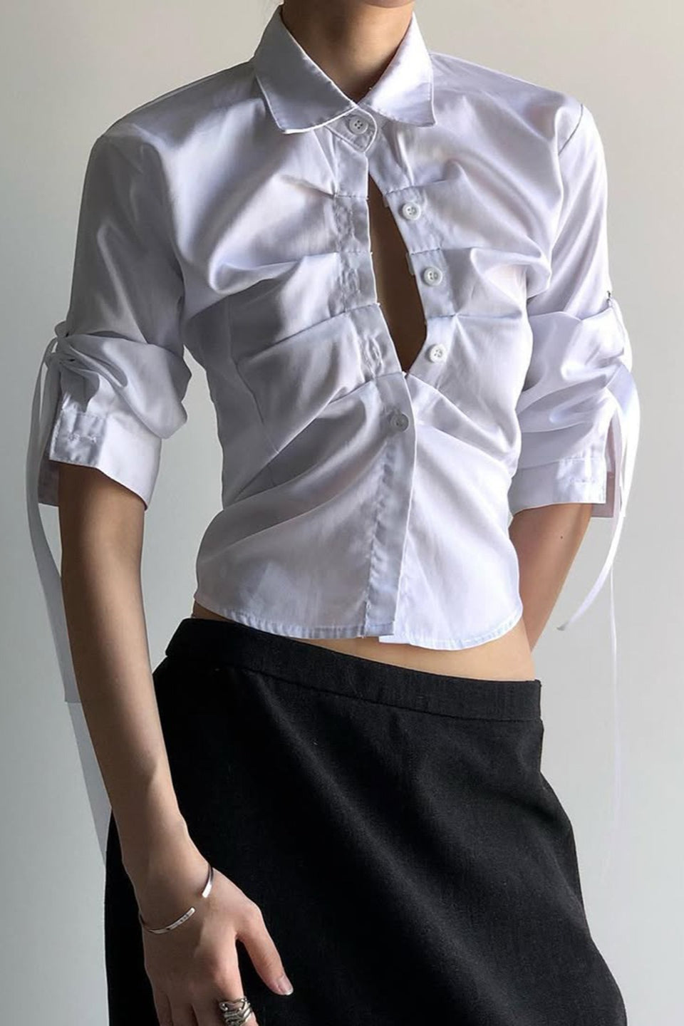 Collared Ruched Cut Out Front Tie Sleeve Cropped Shirt