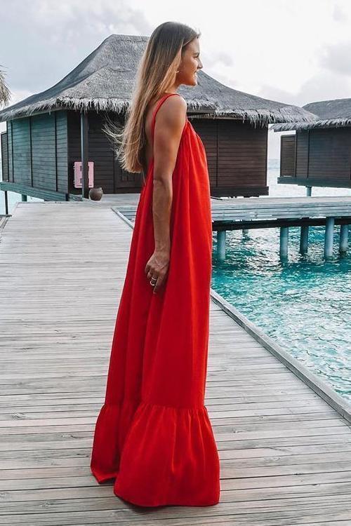 Spaghetti Strap V-Neck Tiered Ruffle Hem Maxi Dress