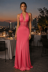Solid Lace Sheer Halter Tie Back Slip Dress