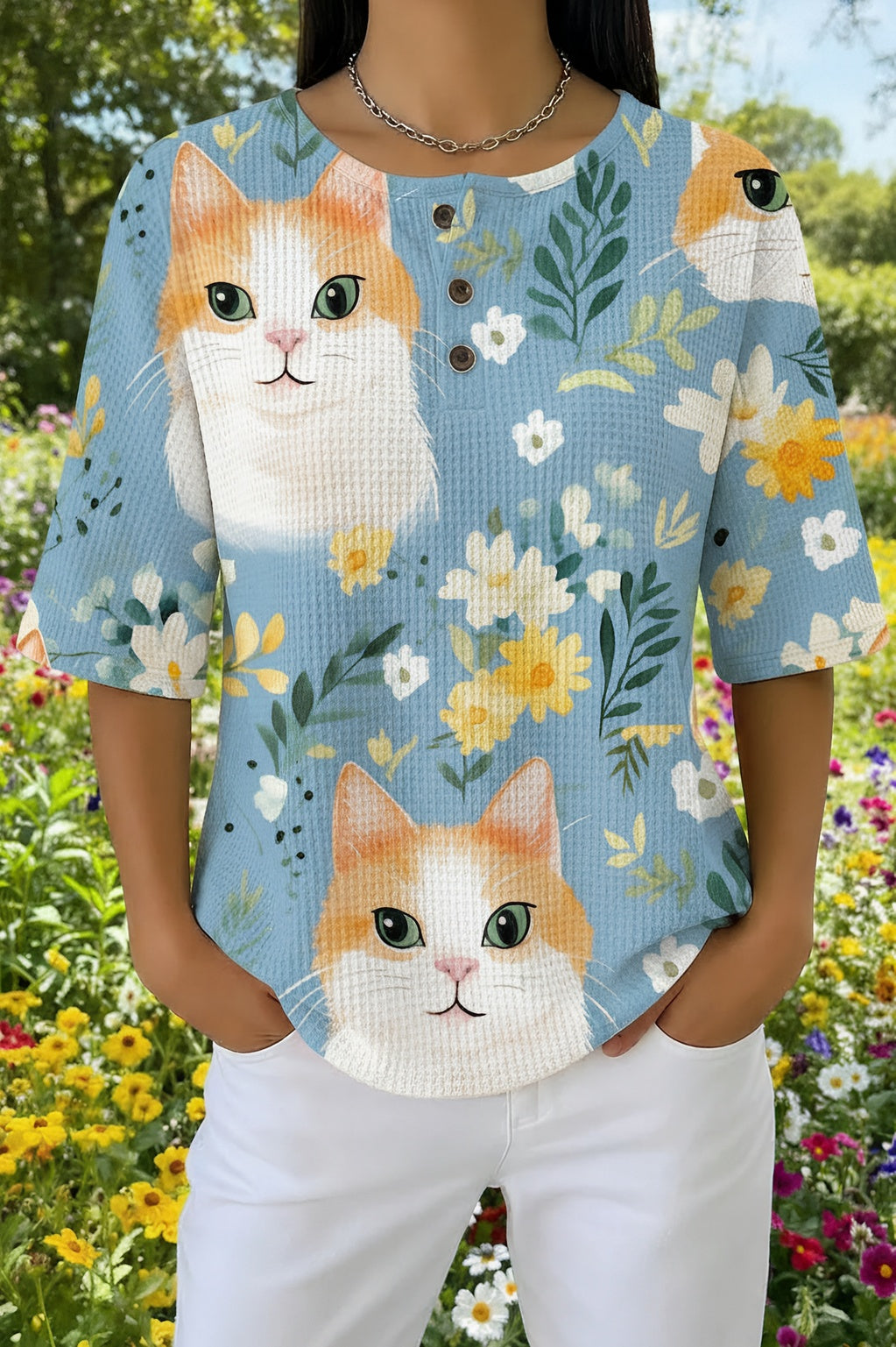 Womens Light Blue Floral Orange Cat Print Casual Henley Shirt