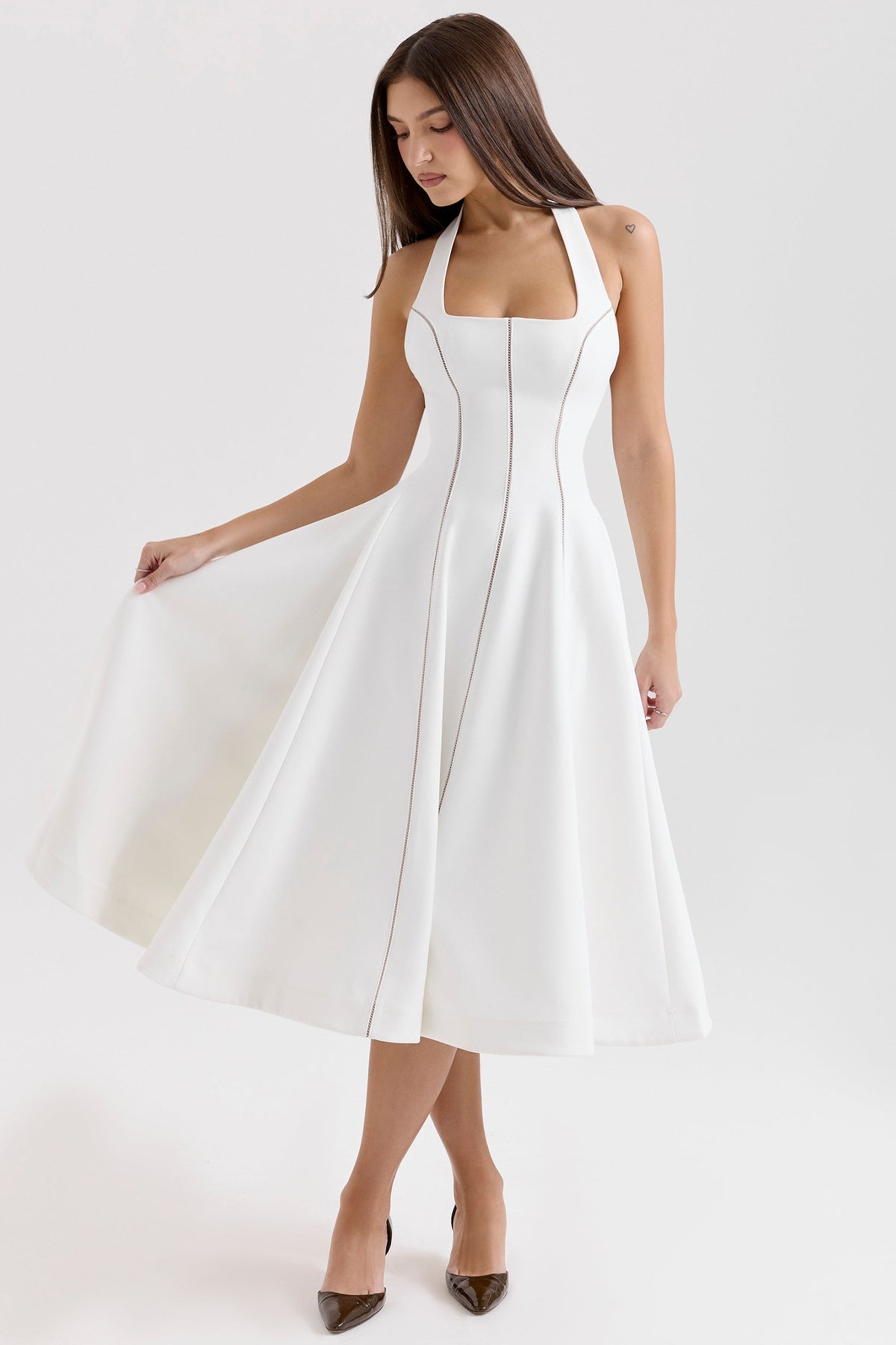 Square Neck Halter Contrast Seam Fit and Flare Midi Dress 3
