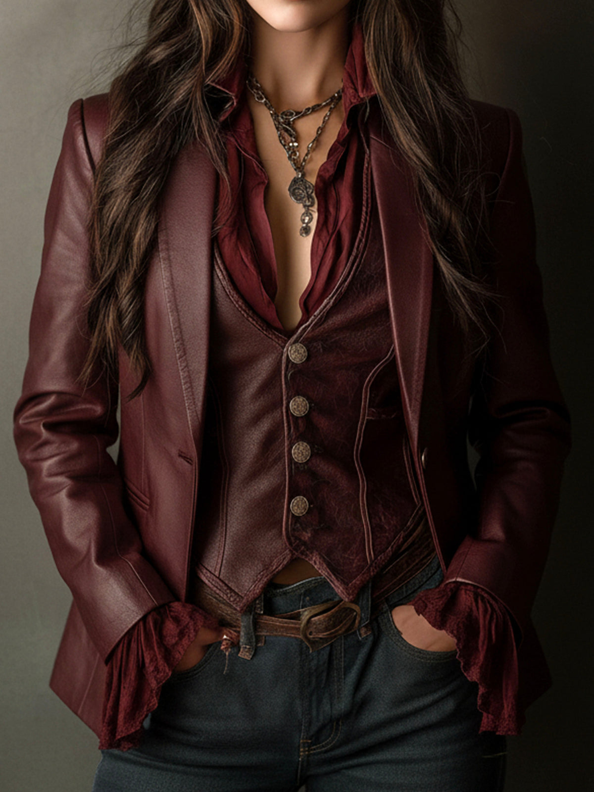 Faux Leather Ruffle Cuff Single Button Blazer