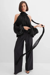 Metallic Halter Tie Neck Long Sleeve Top