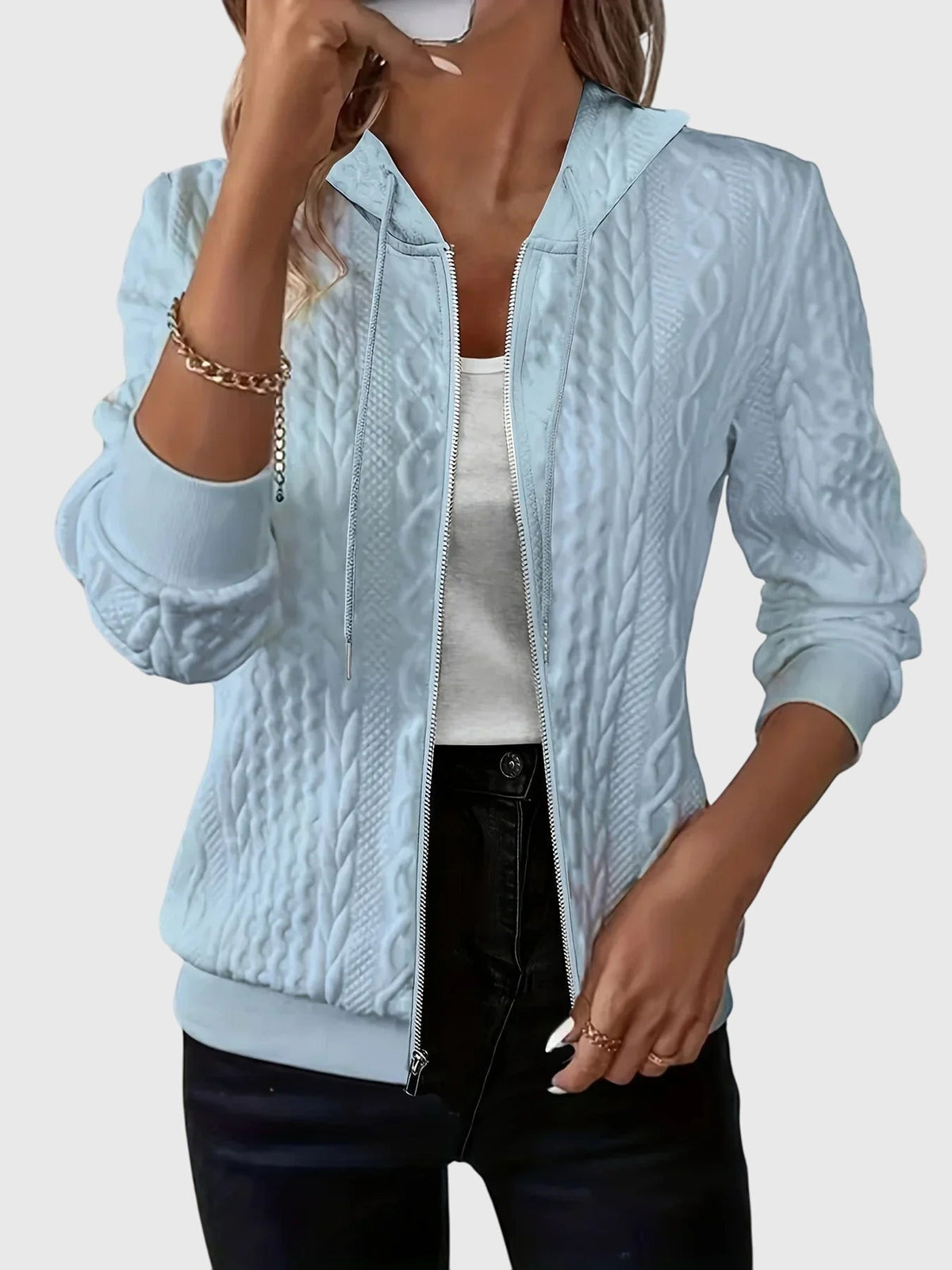 Cable Textured Zip Front Drawstring Hooded Jacket