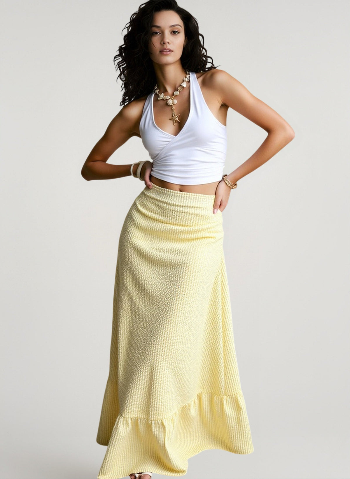 High Waist Textured Ruffle Hem A-Line Maxi Skirt