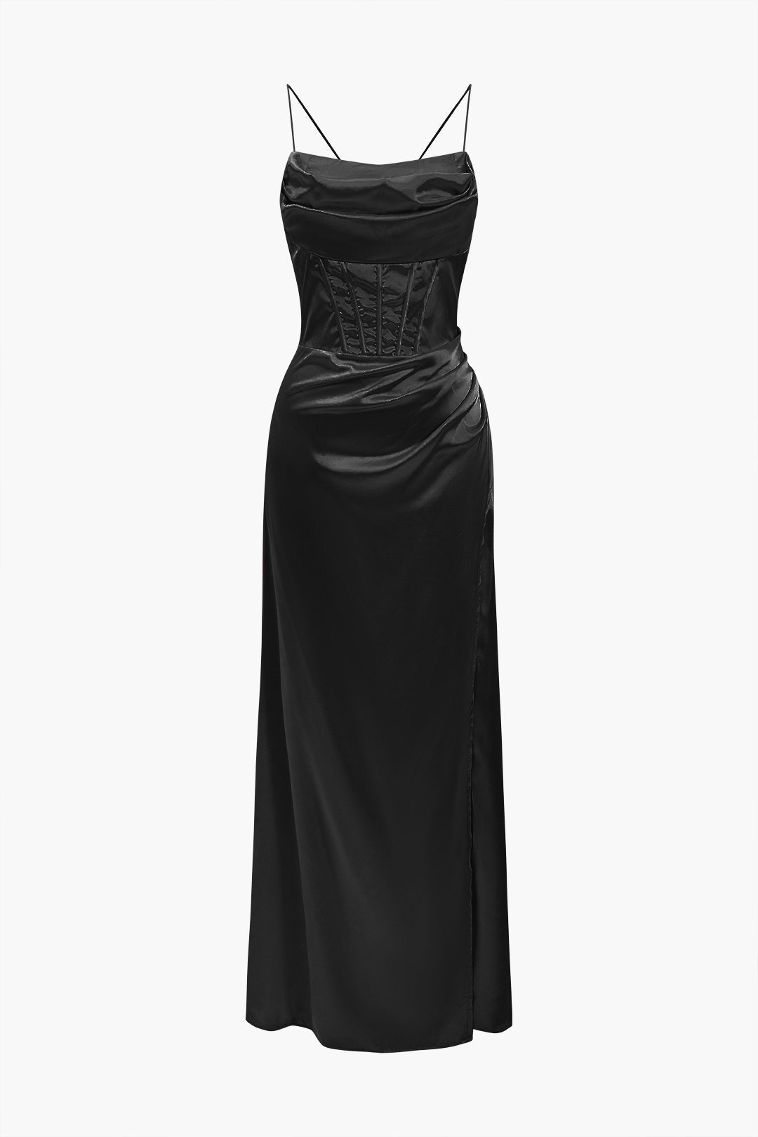 Satin Cowl Neck Corset Bodice Spaghetti Strap High Split Maxi Gown 3