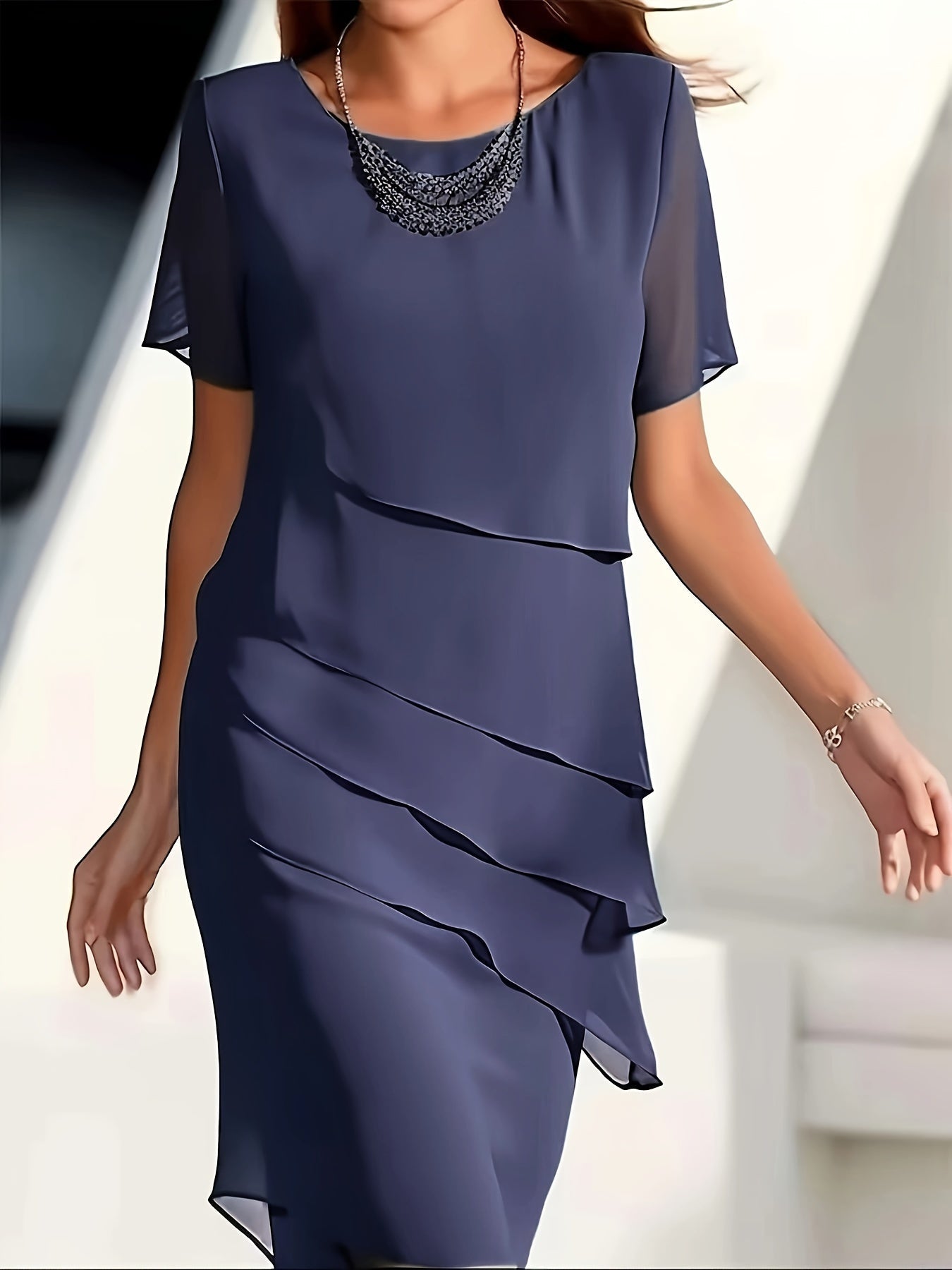 Cecilia Boutique Cotton Layered Trim Round Neck Short Sleeve Evening Dress for Women Chic Silhouette Collection