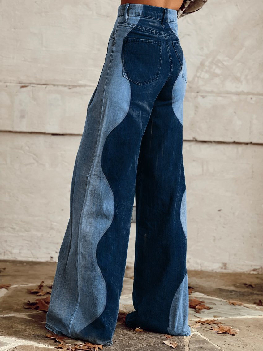 High Waist Wide Leg Patchwork Panel Jeans