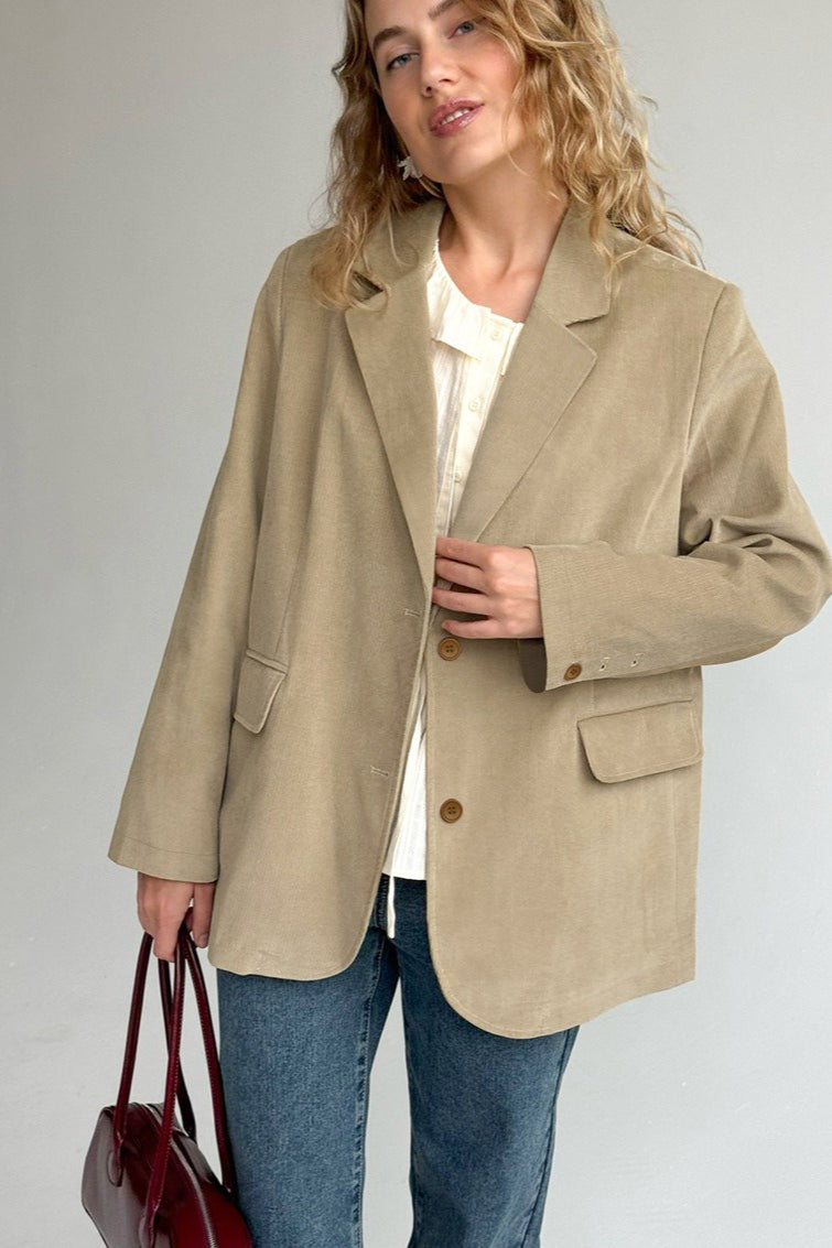Notch Lapel Two Button Flap Pocket Oversized Corduroy-Look Blazer