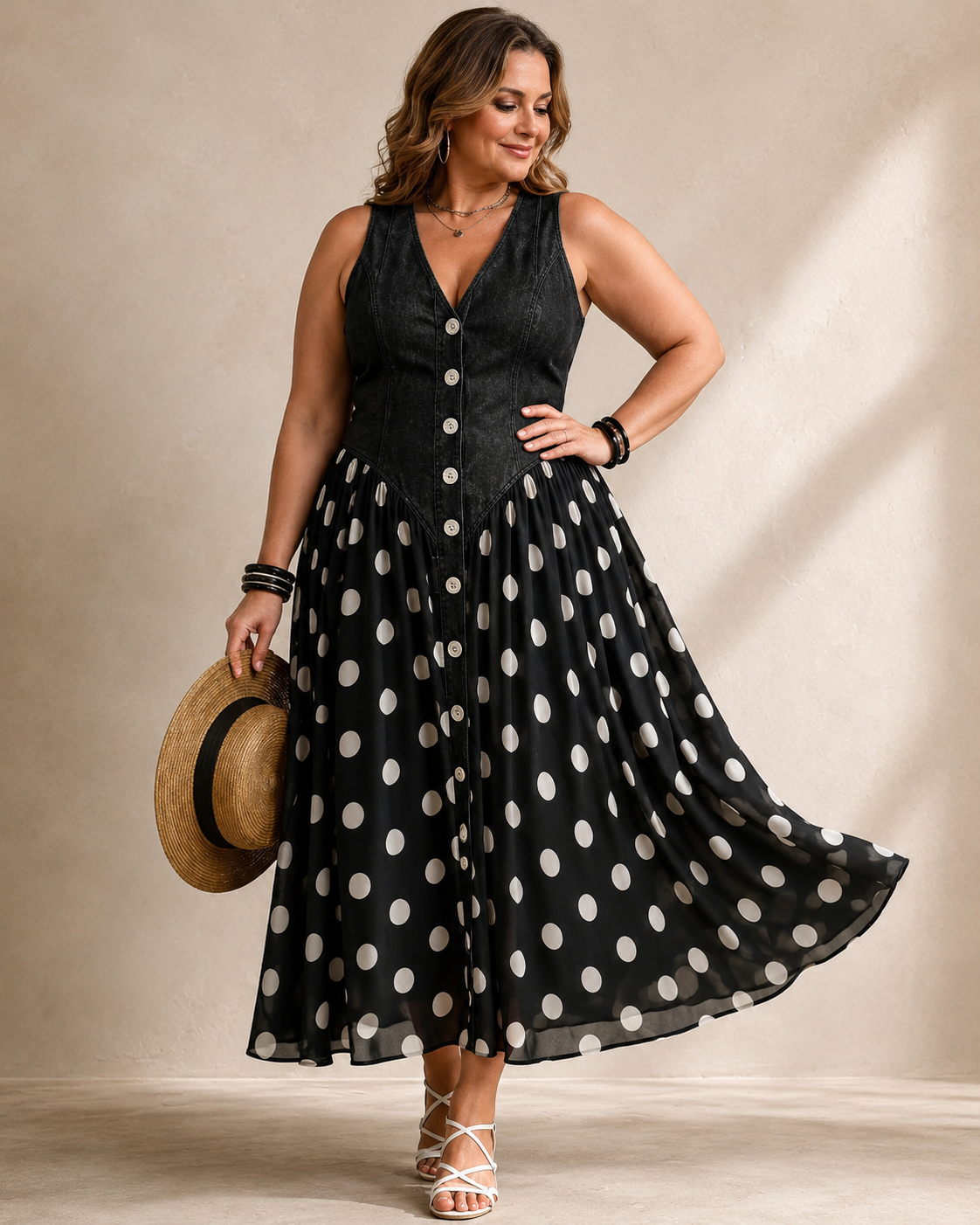 Denim Bodice V-Neck Sleeveless Polka Dot Maxi Dress