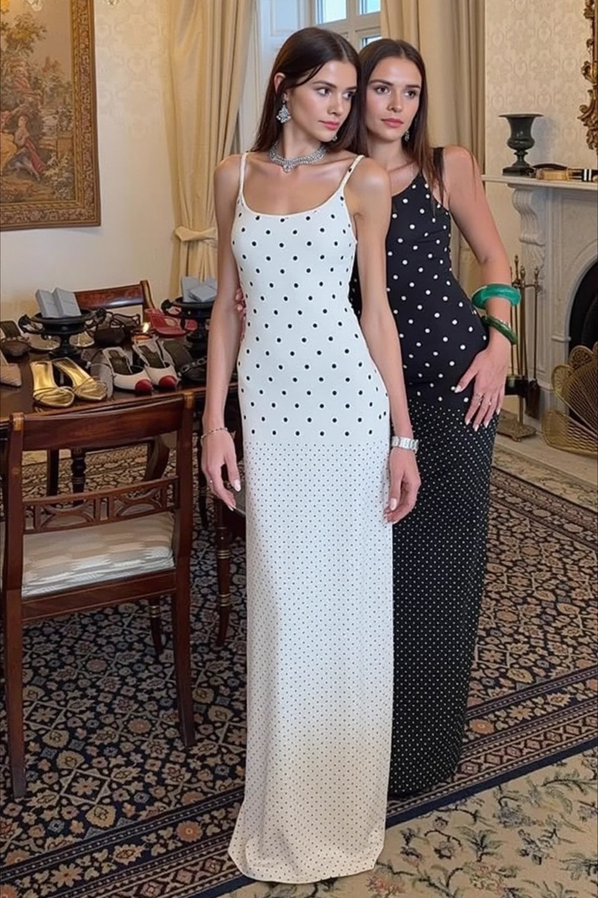 Retro Polka Dot Long Body Hugging Slip Dress