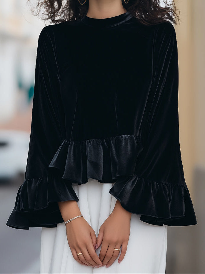 Mock Neck Bell Sleeve Ruffle Hem Velvet Top