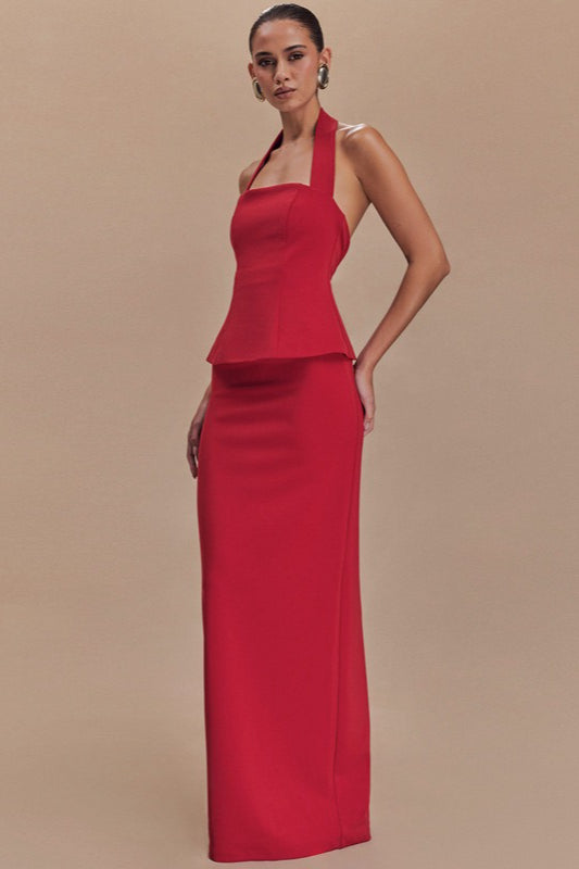 Halter Neck Backless Peplum Maxi Gown