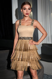 Elegant Colorblock Sequin Fringed Spaghetti Strap Cocktail Dress - View 7