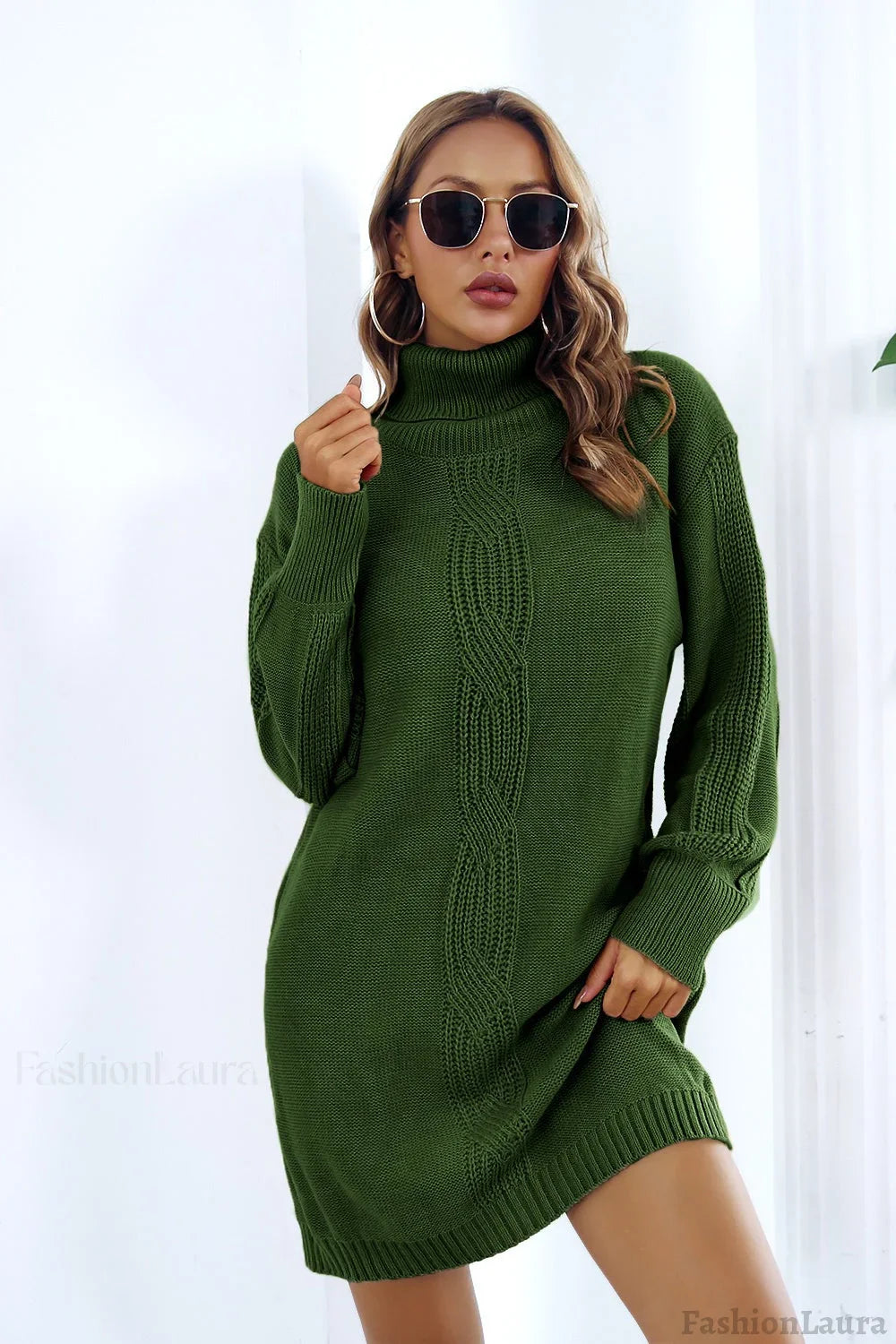 Cable Knit Turtleneck Sweater Dress S / Green