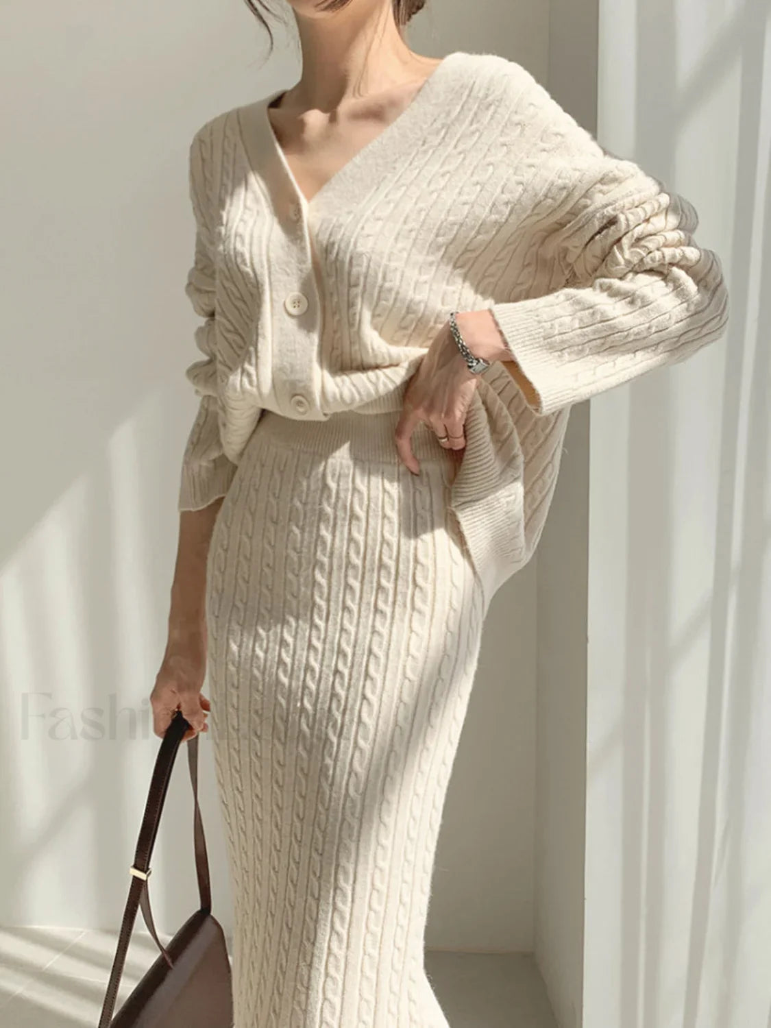 Cable Knit Two Trendy Piece Sweater Skirt Set Apricot / XS Sweaters L