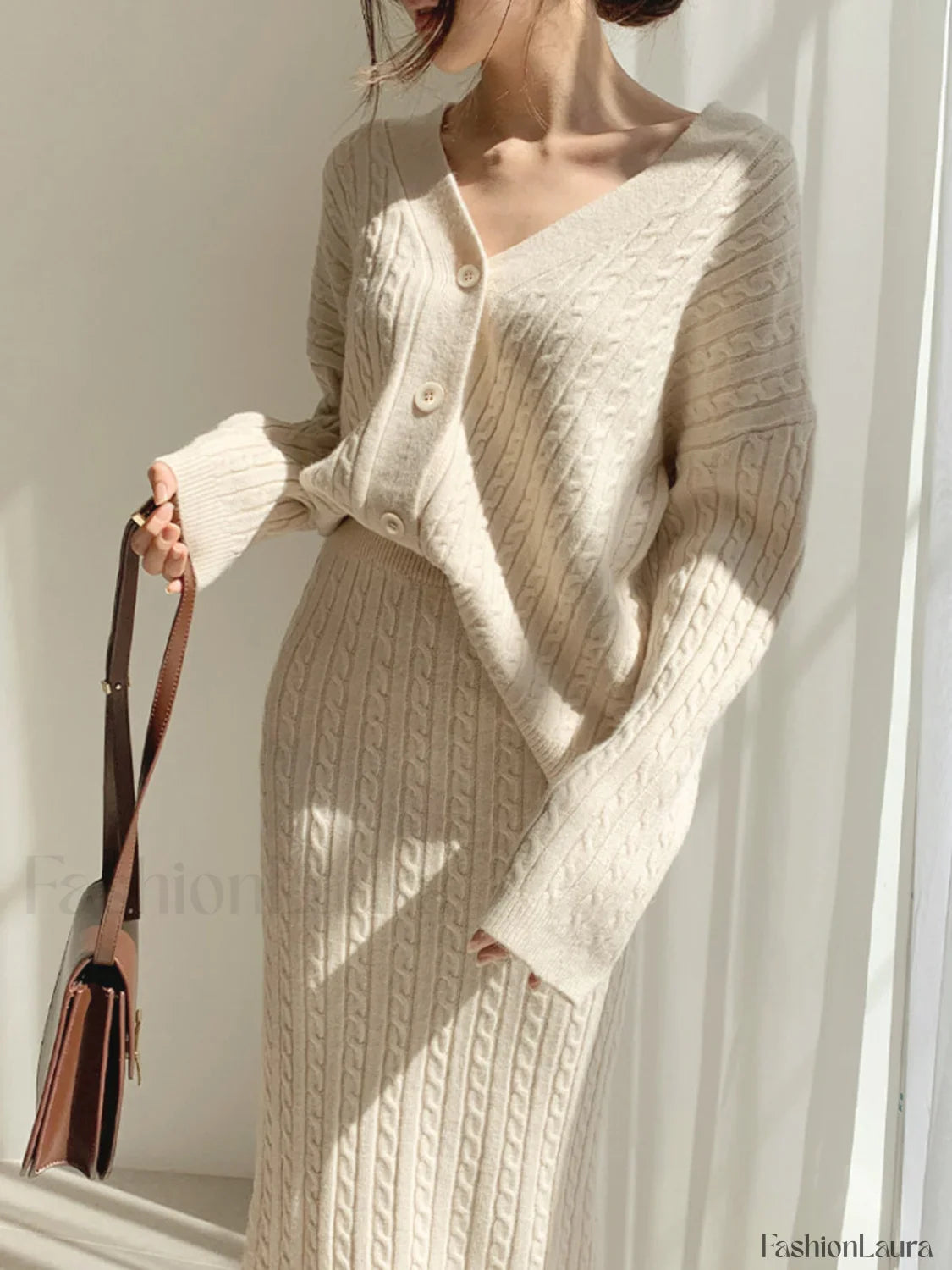 Cable Knit Two Trendy Piece Sweater Skirt Set