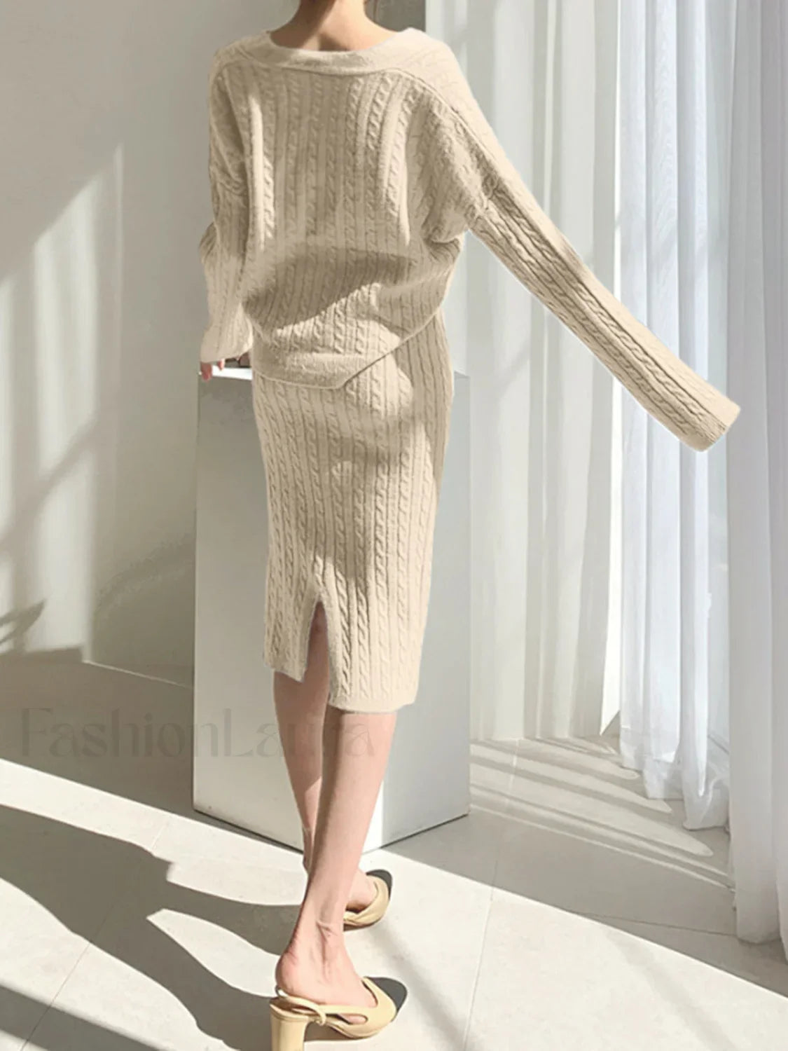 Cable Knit Two Trendy Piece Sweater Skirt Set