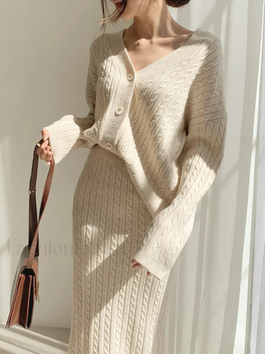 Cable Knit Two Trendy Piece Sweater Skirt Set