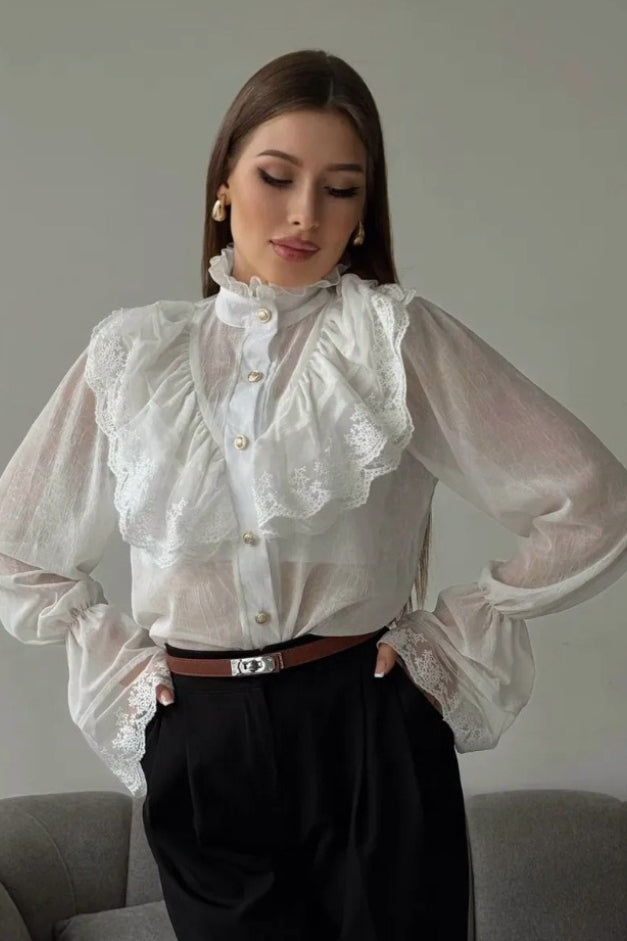Chiffon Ruffle High Neck Long Sleeve Top