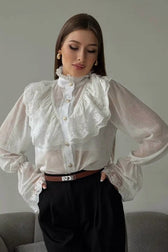 Chiffon Ruffle High Neck Long Sleeve Top