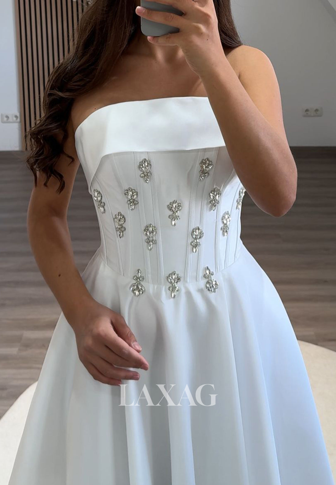 Tube Top Off-Shoulder Sleeveless A-Line Prom Dress Beaded Pleated Satin Midi Evening Gowns