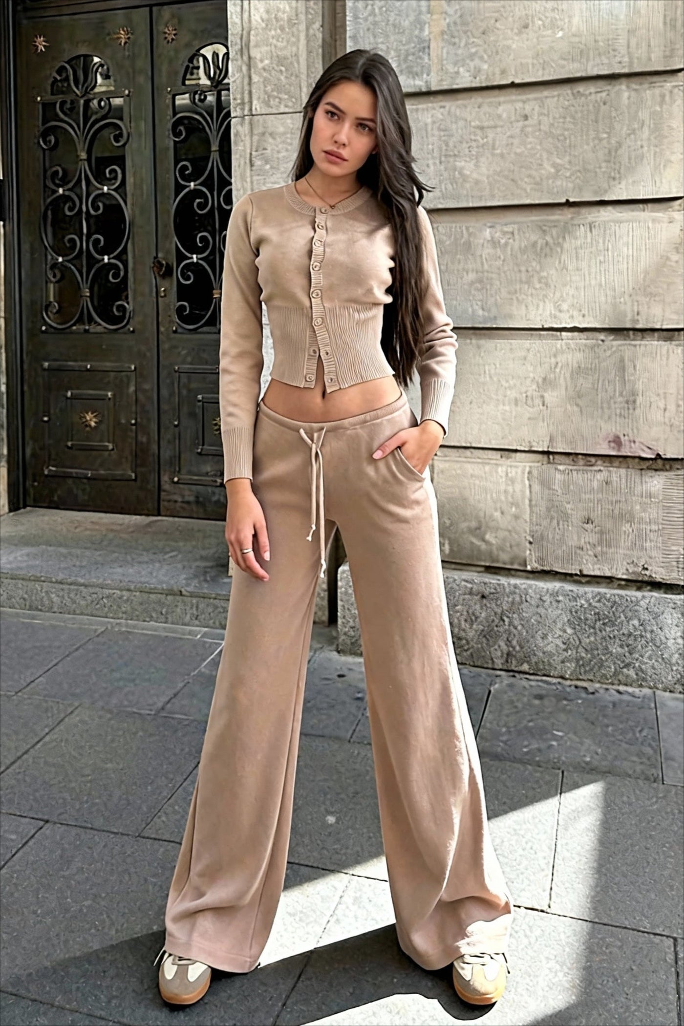 Fitted Buttoned Long-Sleeve Low-Rise Knit Two Piece Set