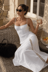 Low Cut Lace Trim Waist Cinch Slip Dress
