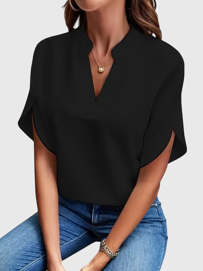 Split Neck Short Dolman Sleeve Satin Blouse