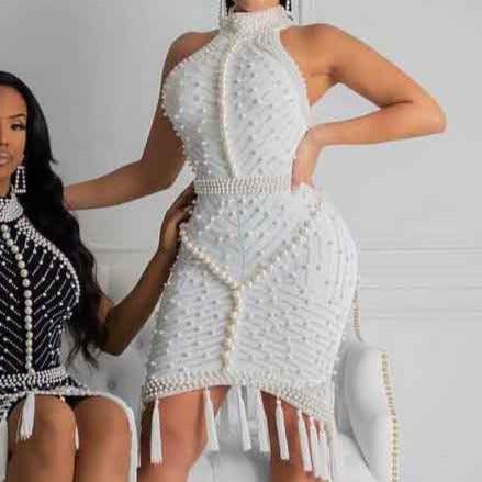 Cady Beaded Halter Neck Tassel Trim Dress