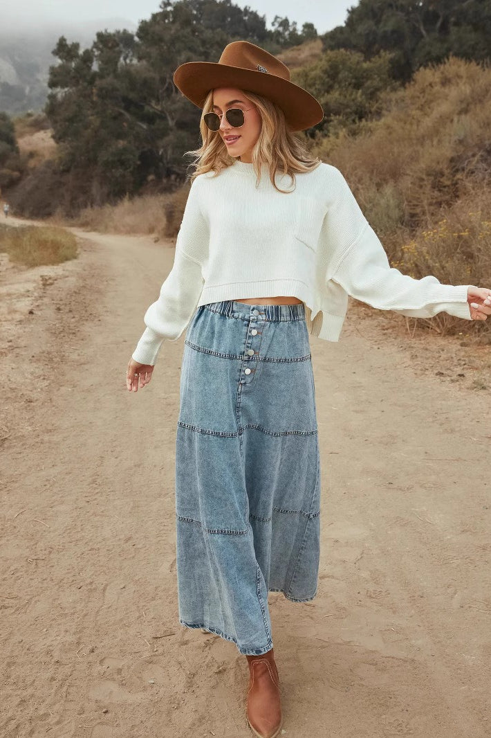 Elastic Waist Button Front Tiered Washed Denim Maxi Skirt 2