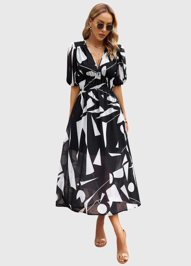 Floral Chiffon Deep V-Neck Puff Sleeve Smocked Maxi Dress 4
