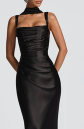 Satin Square Neck Ruched Scarf Mermaid Maxi Gown 4