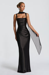 Satin Square Neck Ruched Scarf Mermaid Maxi Gown