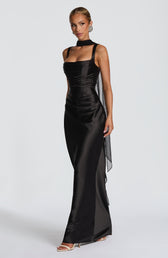 Satin Square Neck Ruched Scarf Mermaid Maxi Gown 5